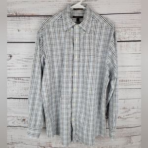 Nordstrom Tailored Fit White Blue Black Plaid Casual Buttons Down Shirt Size L